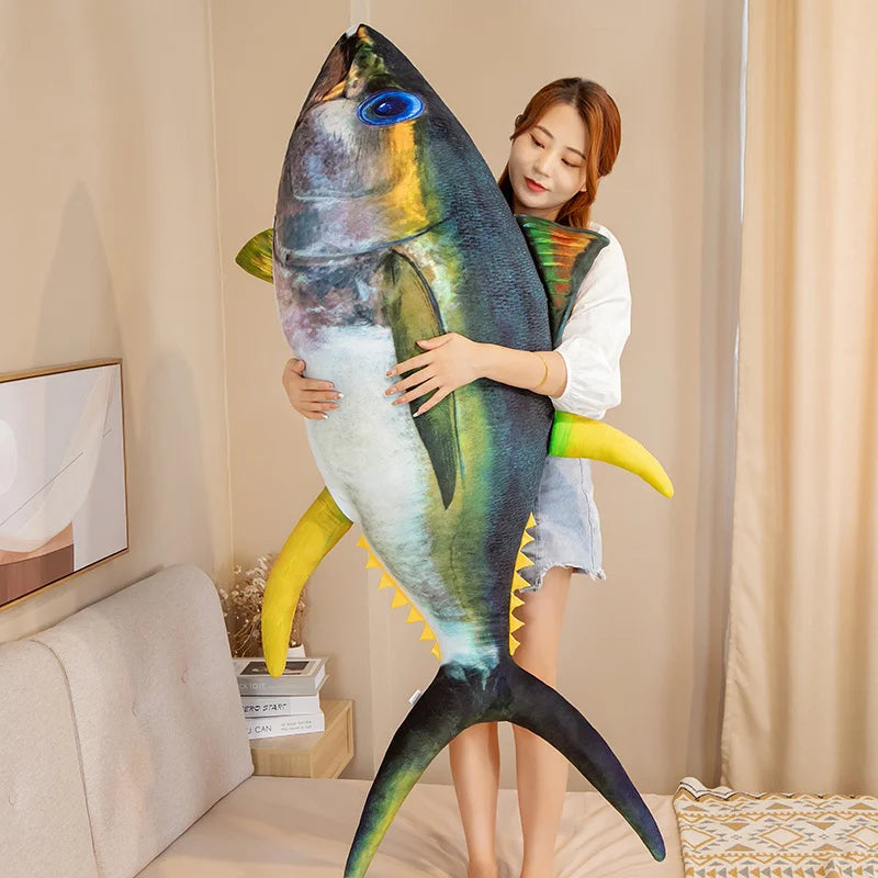 Giant Realistic Tuna Fish Plush Pillow | Photorealistic Yellowfin Print | Blue Iridescent Eye, Yellow Fins & Dark Lunate Tail | 60cm to 125cm
