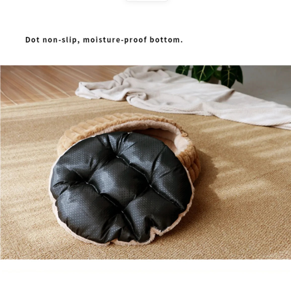 Seashell Pet Bed | Faux Rabbit Fur & Corduroy | 2-in-1 Semi-Enclosed Nest | Waterproof Base | 2 Sizes
