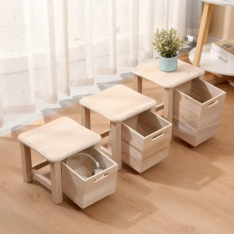 Solid Wood Storage Stool with Drawer – Hallway Bench & Ottoman, S, M or L