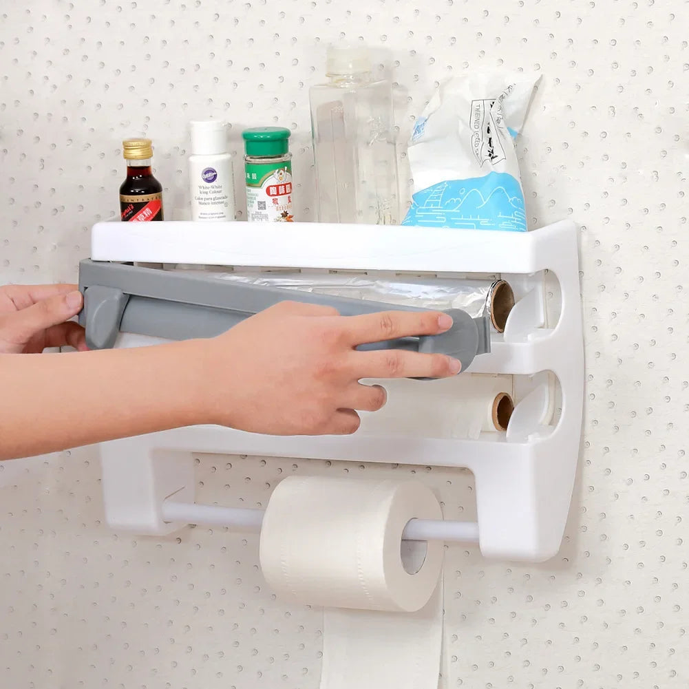 4-in-1 Wall Mount Kitchen Organizer with Paper Towel Holder and Wrap Dispenser
