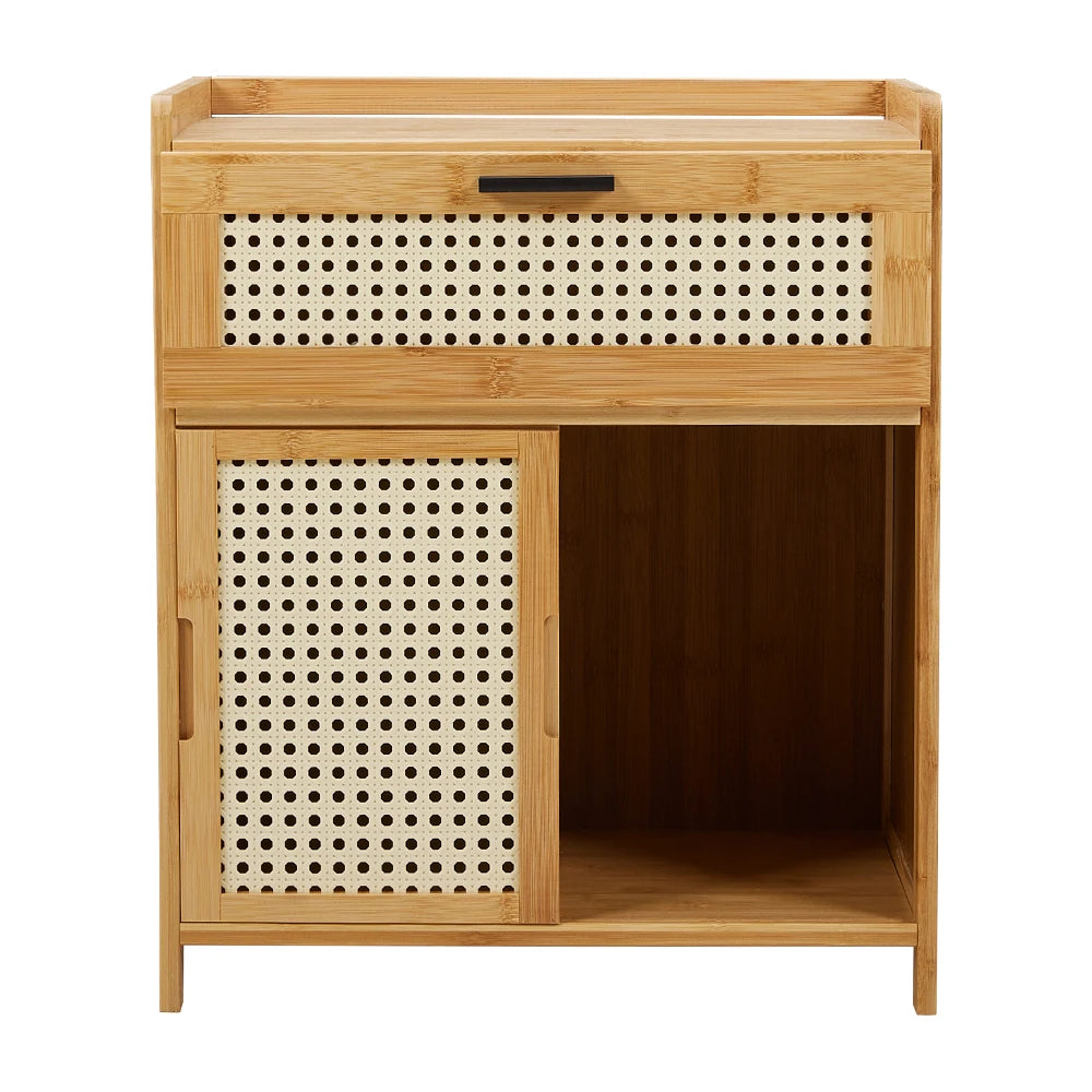 Compact Wooden Nightstand with Drawer & Sliding Door