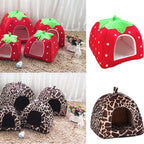 Strawberry Pet Cave Bed – Soft Fleece House for Cats & Small Dogs, S–XL