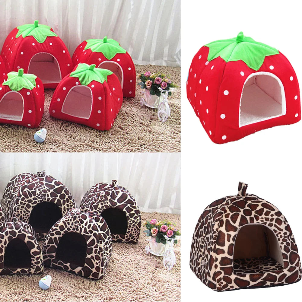 Strawberry Pet Cave Bed – Soft Fleece House for Cats & Small Dogs, S–XL