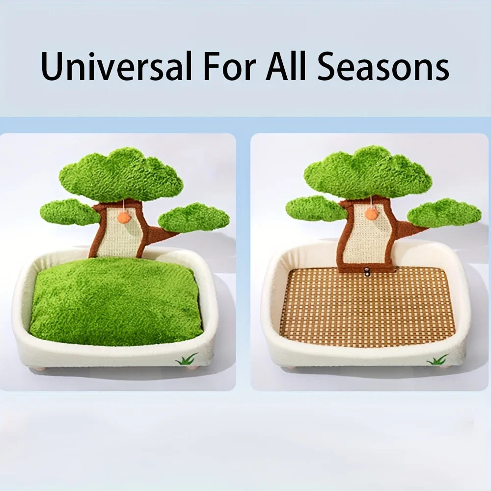 Pine Tree Cat Bed & Scratch Board | 2-in-1 | Removable Washable Cushion | Green & Light Green