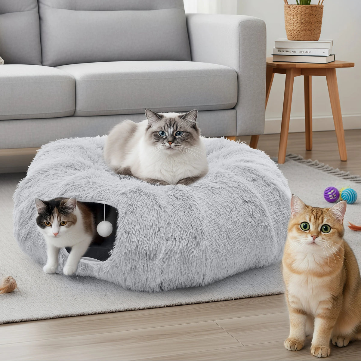 Doughnut Cat Tunnel Bed | 3-in-1 Tunnel, Nest & Platform | Short Plush | Washable | Gray