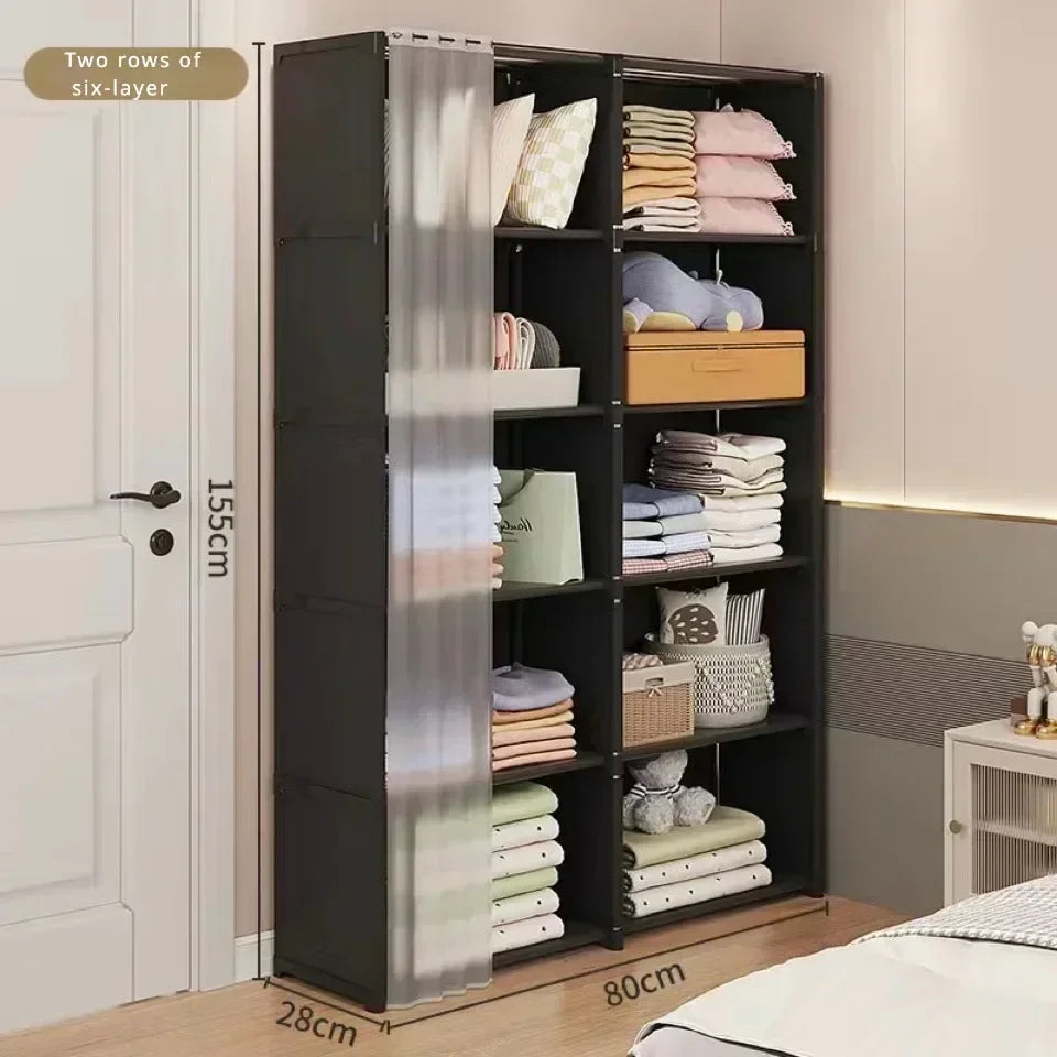 Dustproof Wardrobe Storage Rack with Curtain – 5 or 6 Layer, Single or Double Width