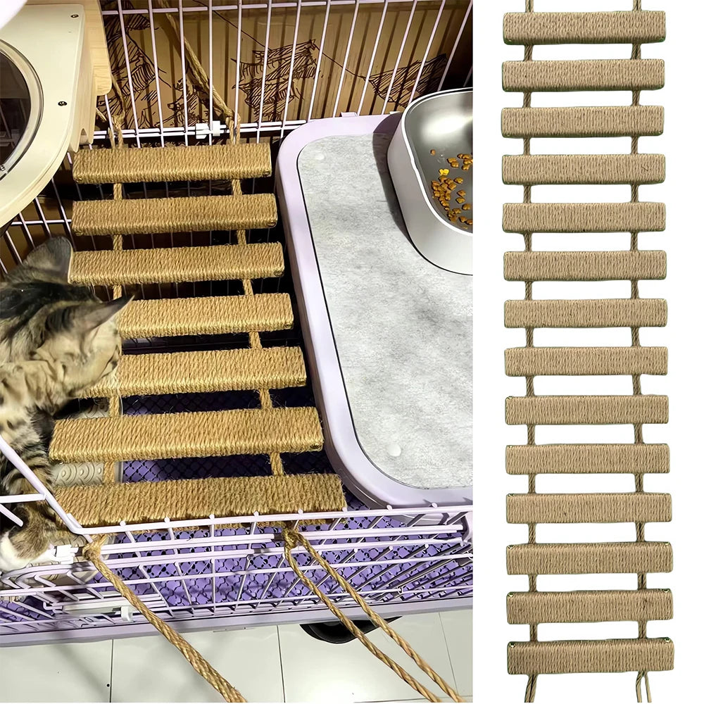 Sisal Wooden Cat Climbing Ladder & Bridge – 50cm or 100cm, Wall & Cage Mountable
