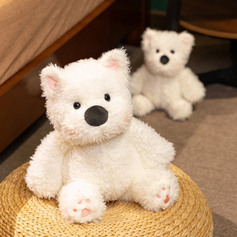 Kawaii All-White Dog Plush Stuffed Toy | Fluffy Sitting Companion | Pink Paw Accents | 2 Sizes: 33 & 45cm