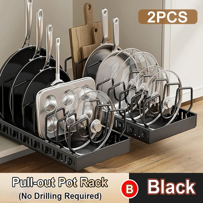 Pull-Out Pot and Pan Organiser with Sliding Rails – 8 Adjustable Compartments