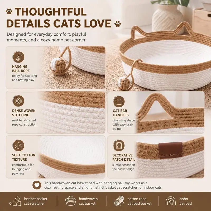 Handwoven Cotton Rope Cat Basket | Cat Ear Handles | Ball Toy Included | 3 Sizes
