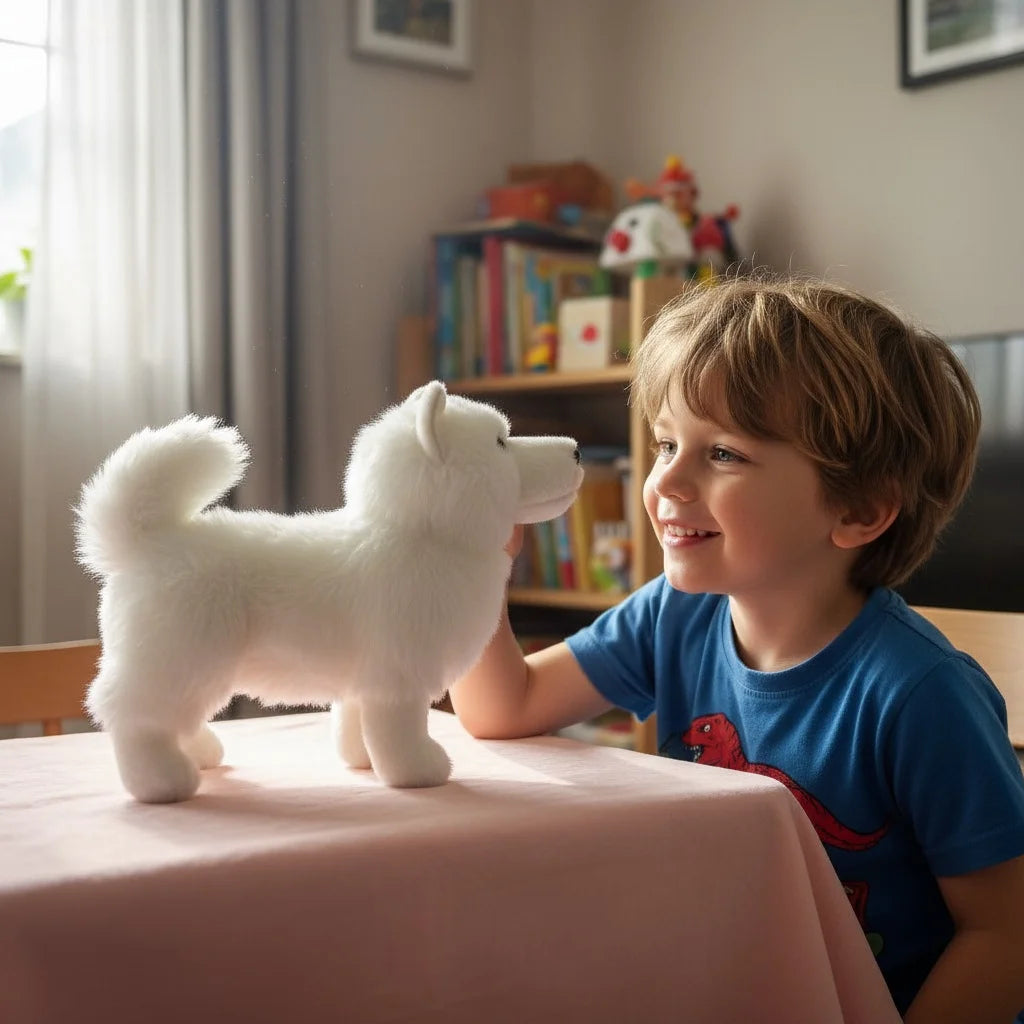 Lifelike Samoyed Plush Figurine | Simulation Short-Pile Coat | 4-Legged Standing Pose | Curled Tail | 30×20cm Desk Companion