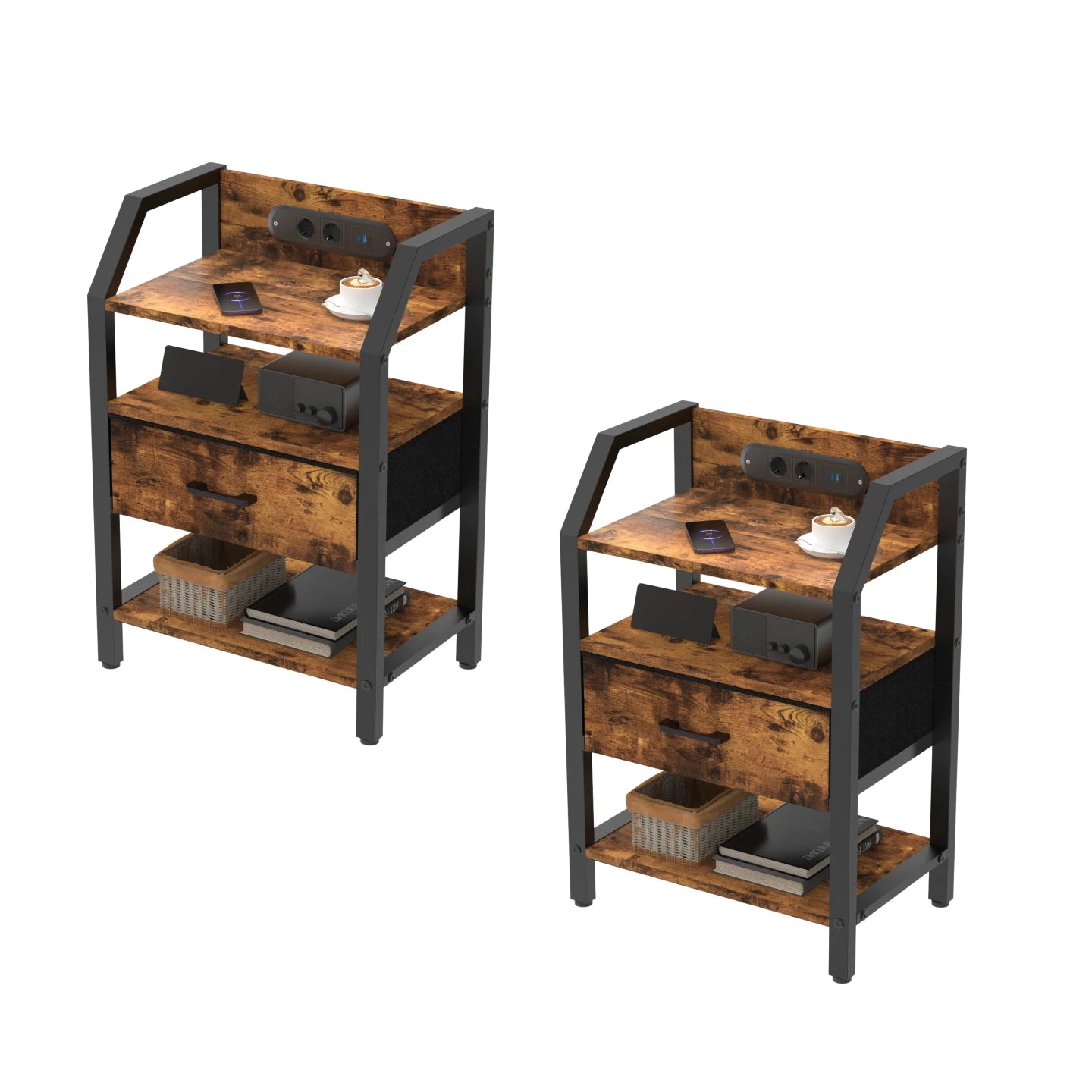 3-Tier Bedside Table with Charging Station, LED Light & Drawers – White, Black, Brown or Grey