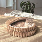 Seashell Pet Bed | Faux Rabbit Fur & Corduroy | 2-in-1 Semi-Enclosed Nest | Waterproof Base | 2 Sizes