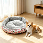 Round Corduroy Calming Cat Cushion Bed | Breathable | Warm | 3 Sizes | Pink Peach & Pink Stripe