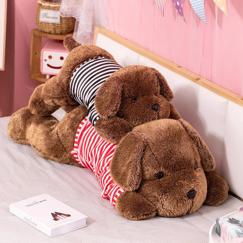 Lying Dog Plush Pillow – Floppy-Eared Striped-Shirt Pup