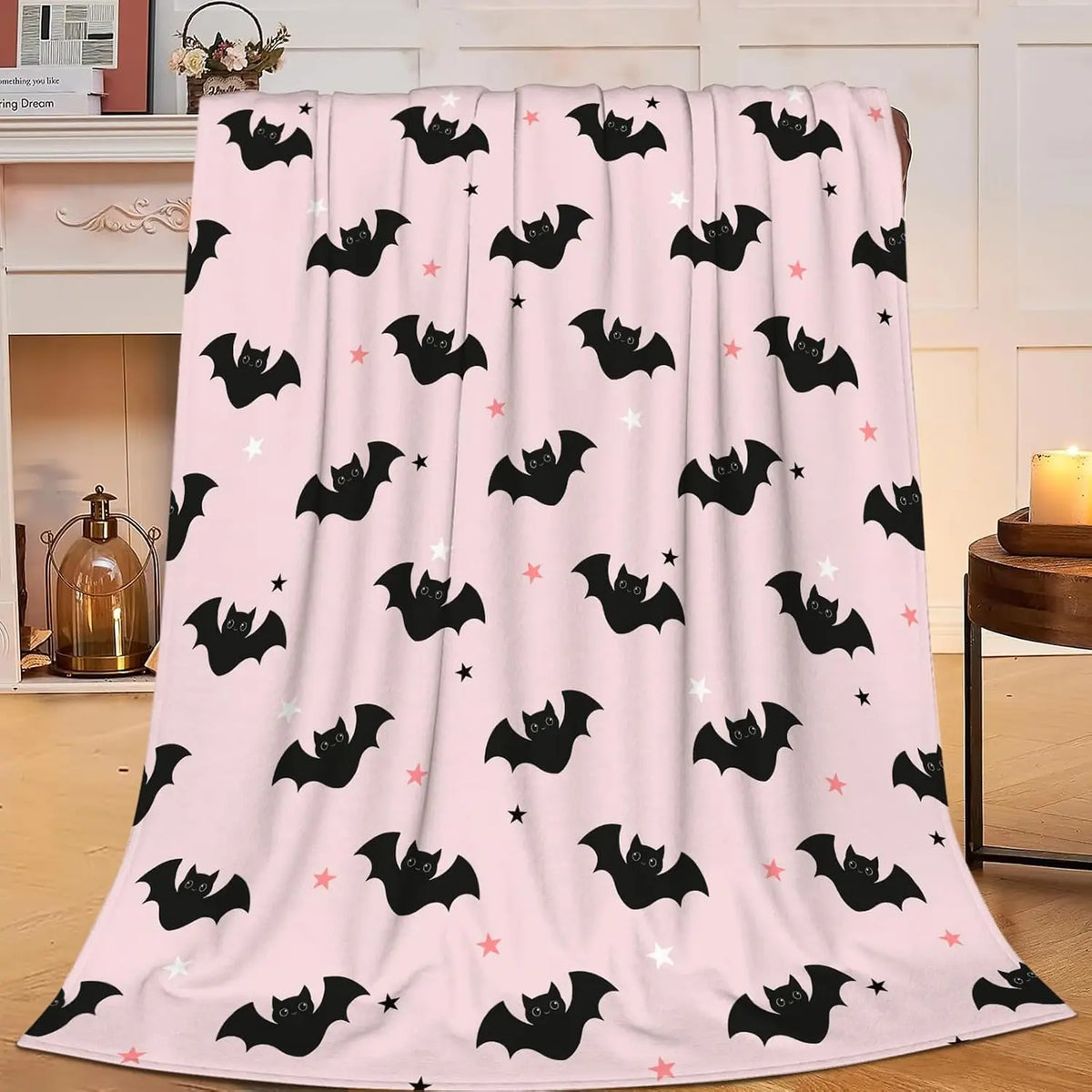 Pink Bat Pattern Halloween Plush Throw Blanket for Bed & Sofa
