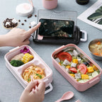 Double-Layer Lunch Box with Cutlery – 1400ml Leakproof Compartment Food Box, Pink, Green or Blue