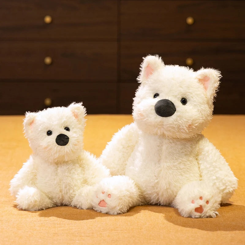 Kawaii All-White Dog Plush Stuffed Toy | Fluffy Sitting Companion | Pink Paw Accents | 2 Sizes: 33 & 45cm