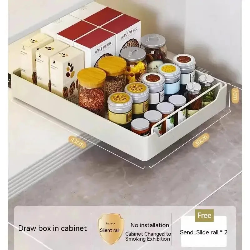 Pull-Out Cabinet Drawer Organizer with Slide Rails – No Drilling, 5 Sizes