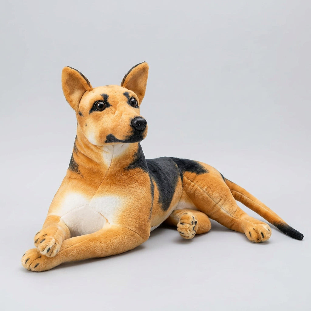 Plush dog toy on a light wooden floor with a blurred background