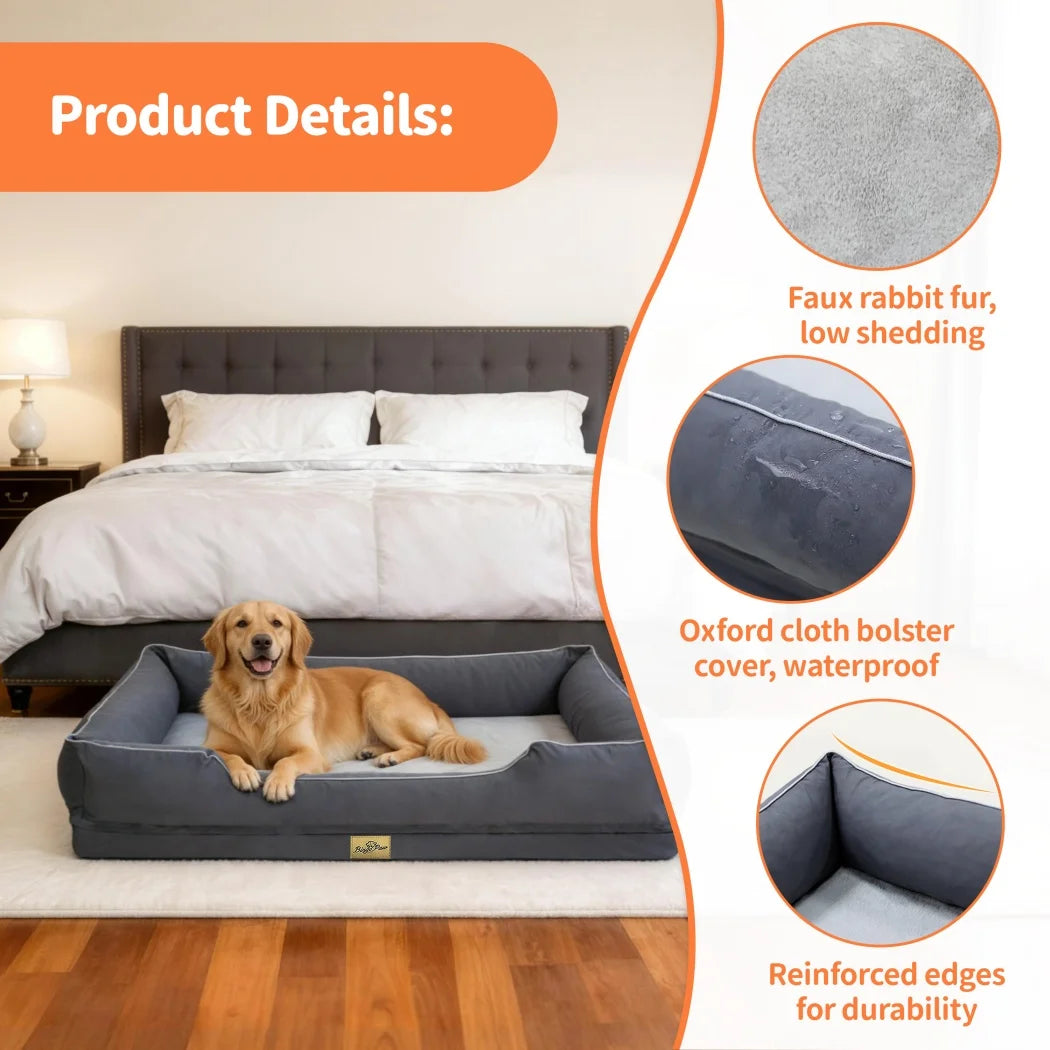 Oxford & Faux Rabbit Fur Bolster Dog Bed | Sponge Foam | Removable Cover | Non-Slip | 5 Sizes