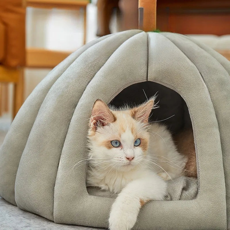 Pumpkin Cat Nest | Semi-Enclosed Pet Bed | Windproof & Warm | Non-Slip | 3 Sizes