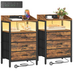 Bedside Table with LED Lights, Charging Station & 3 Fabric Drawers – Black, White or Rustic Brown