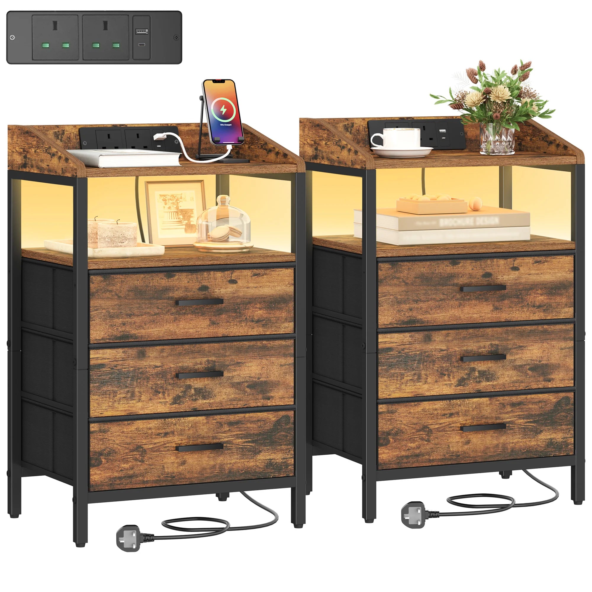 Bedside Table with LED Lights, Charging Station & 3 Fabric Drawers – Black, White or Rustic Brown