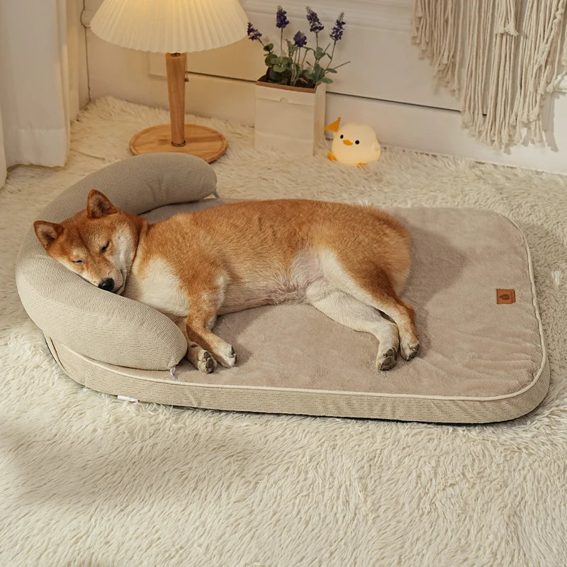 Sofa-Style Bolster Dog Bed with Pillow | Fiber Fill | Machine Washable | Non-Slip | S & M