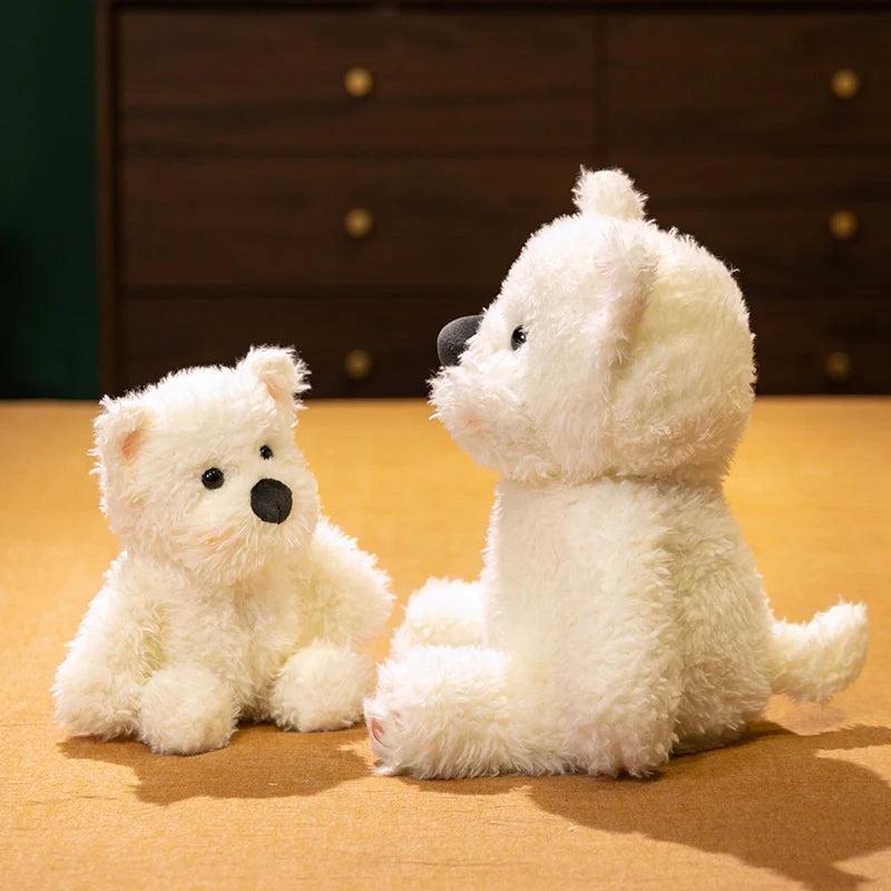 Kawaii All-White Dog Plush Stuffed Toy | Fluffy Sitting Companion | Pink Paw Accents | 2 Sizes: 33 & 45cm