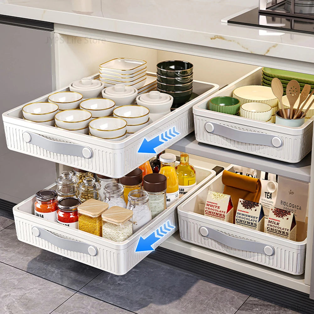 Pull-Out Cabinet Storage Tray with Slide Rails – Kitchen Sliding Drawer Organiser, M or L