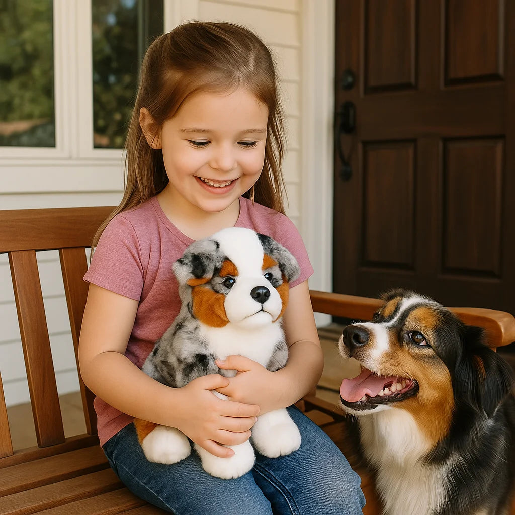 Blue Merle Australian Shepherd Plush Puppy | Soft Long-Pile Coat | Breed-Accurate Merle Markings | 30cm Sitting Companion