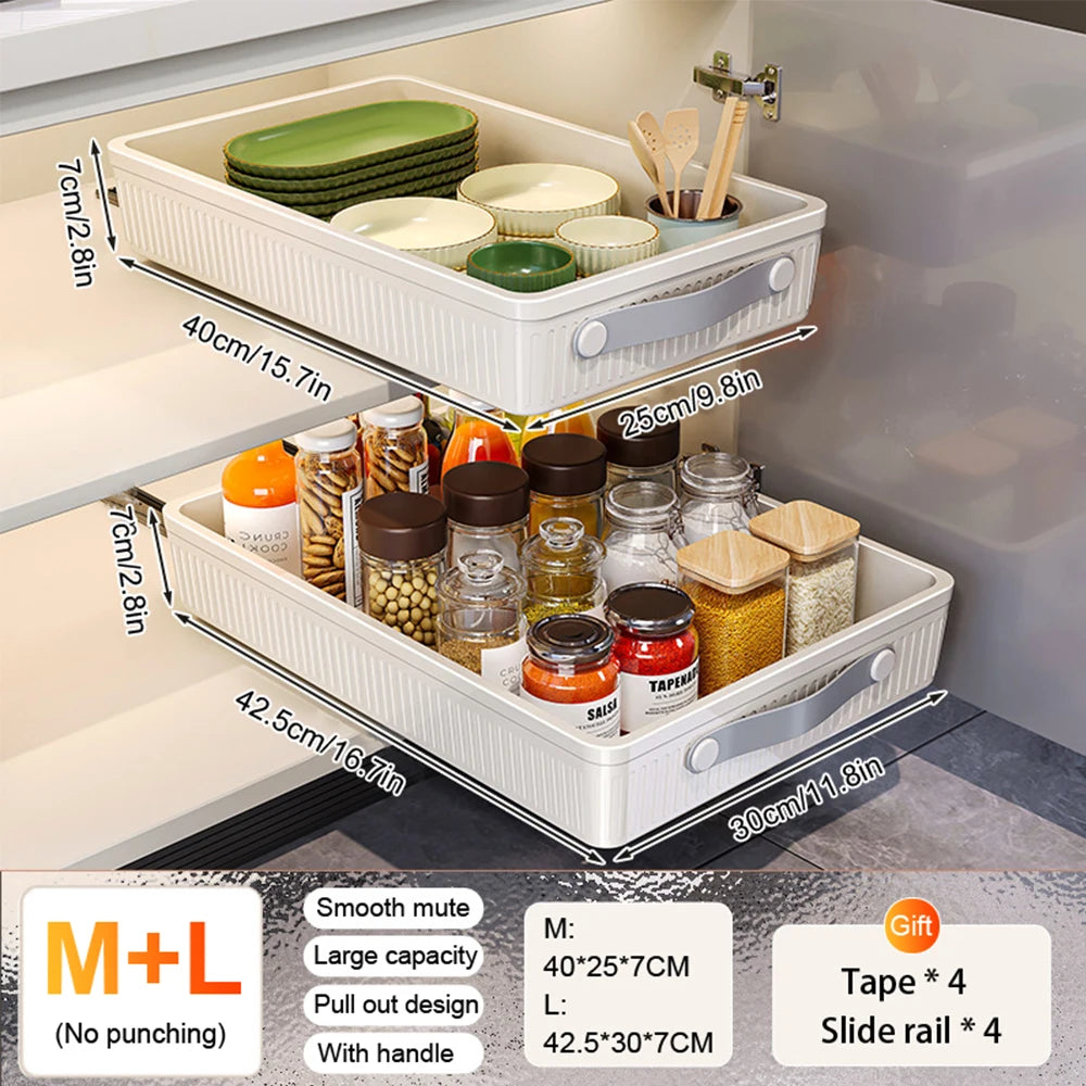 Pull-Out Cabinet Storage Tray with Slide Rails – Kitchen Sliding Drawer Organiser, M or L