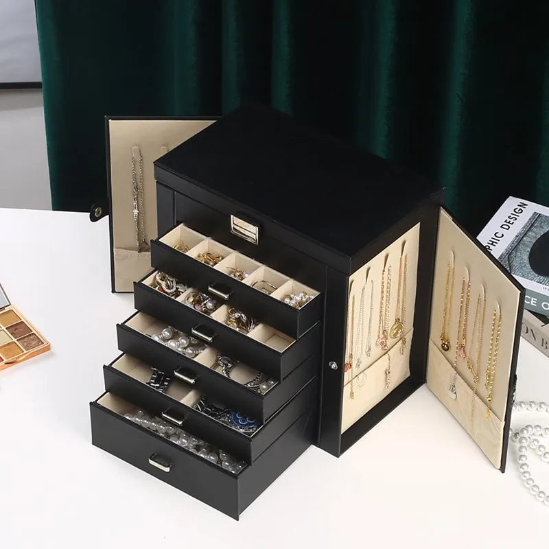 Multi-Layer Faux Leather Jewellery Box with Mirror – 2, 3 or 6 Layers, 4 Colours