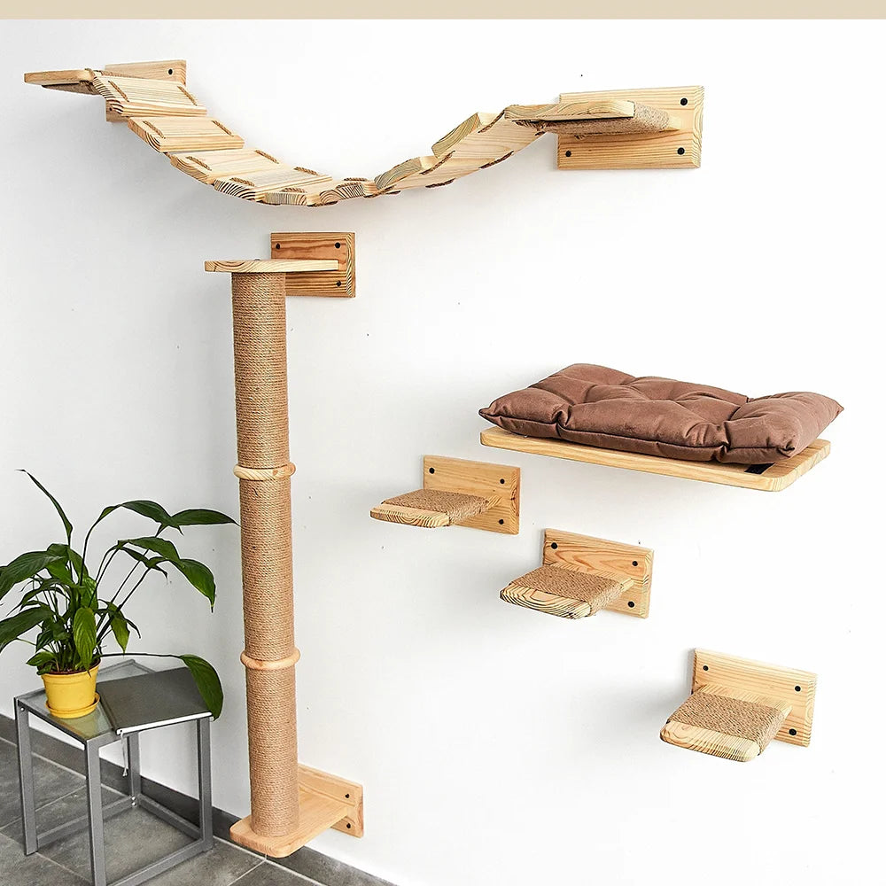 Wall-Mounted Wooden Cat Climbing Shelves – Modular Platforms, Scratching Posts & Hammock
