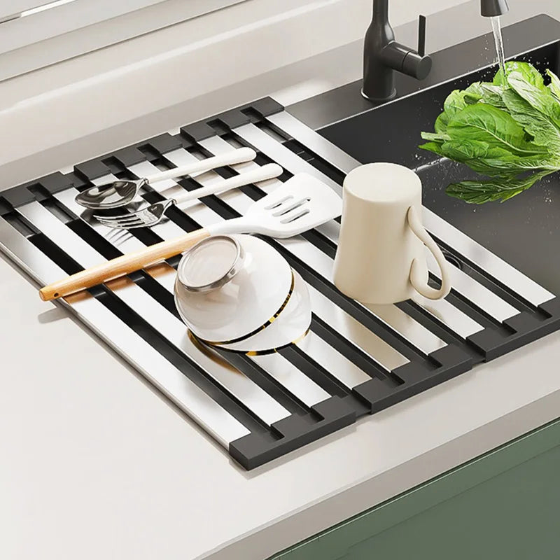304 Stainless Steel Foldable Dish Drainer Rack – 3 Sizes for Kitchen Sink