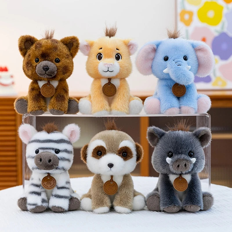 Kawaii Chibi Safari Animal Plush Series | Spiky Mohawk & Bear Medallion | 6 Characters: Lion Cub, Zebra, Elephant, Brown Cub, Meerkat & Wild Boar | 15cm