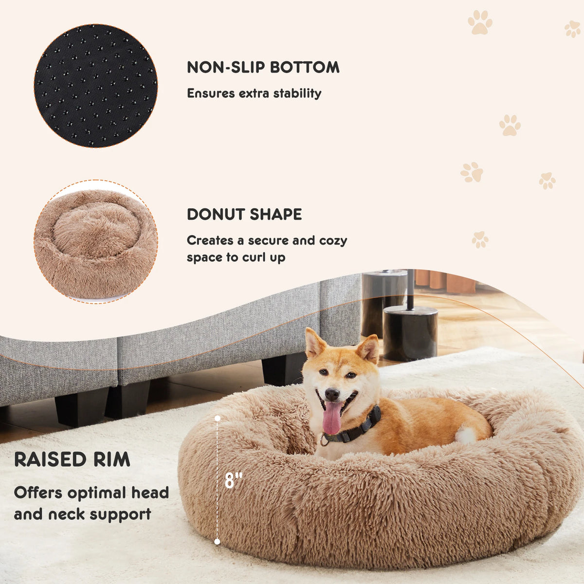 Calming Round Dog Bed | Faux Fur & Coral Fleece | Non-Slip | Machine Washable | 4 Sizes