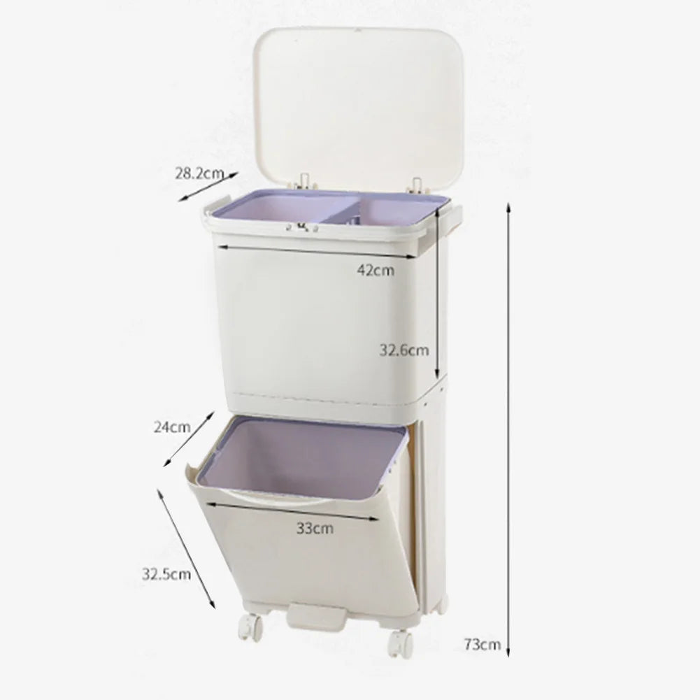 38L Double Compartment Trash Can with 4 Casters – 2-Tier Waste Bin