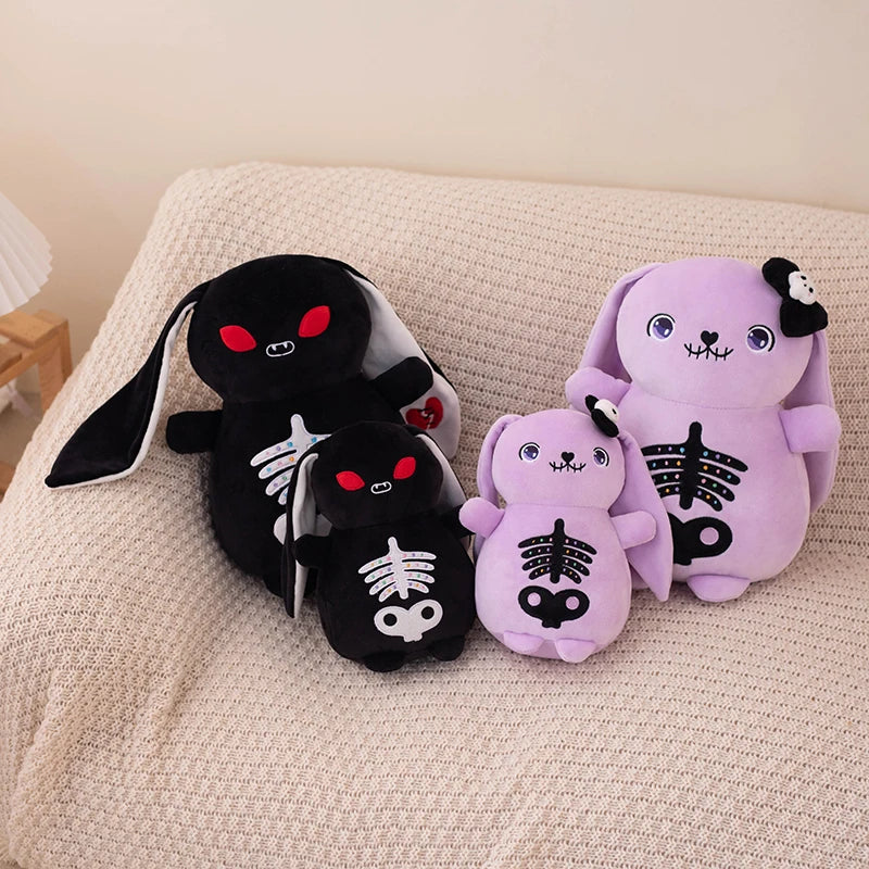 Skeleton Bunny Plush | Spooky Kawaii Lop Rabbit | Embroidered Ribcage & Pelvis | Black (Red Eyes) & Purple (Blue Eyes + Skull Bow) | 22cm & 30cm