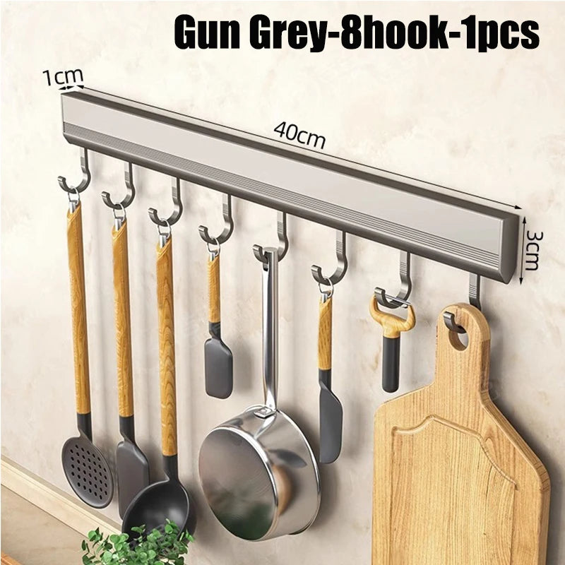 Wall-Mounted Aluminium Hook Rack – 4, 6, 8, or 10 Hooks for Kitchen & Bathroom