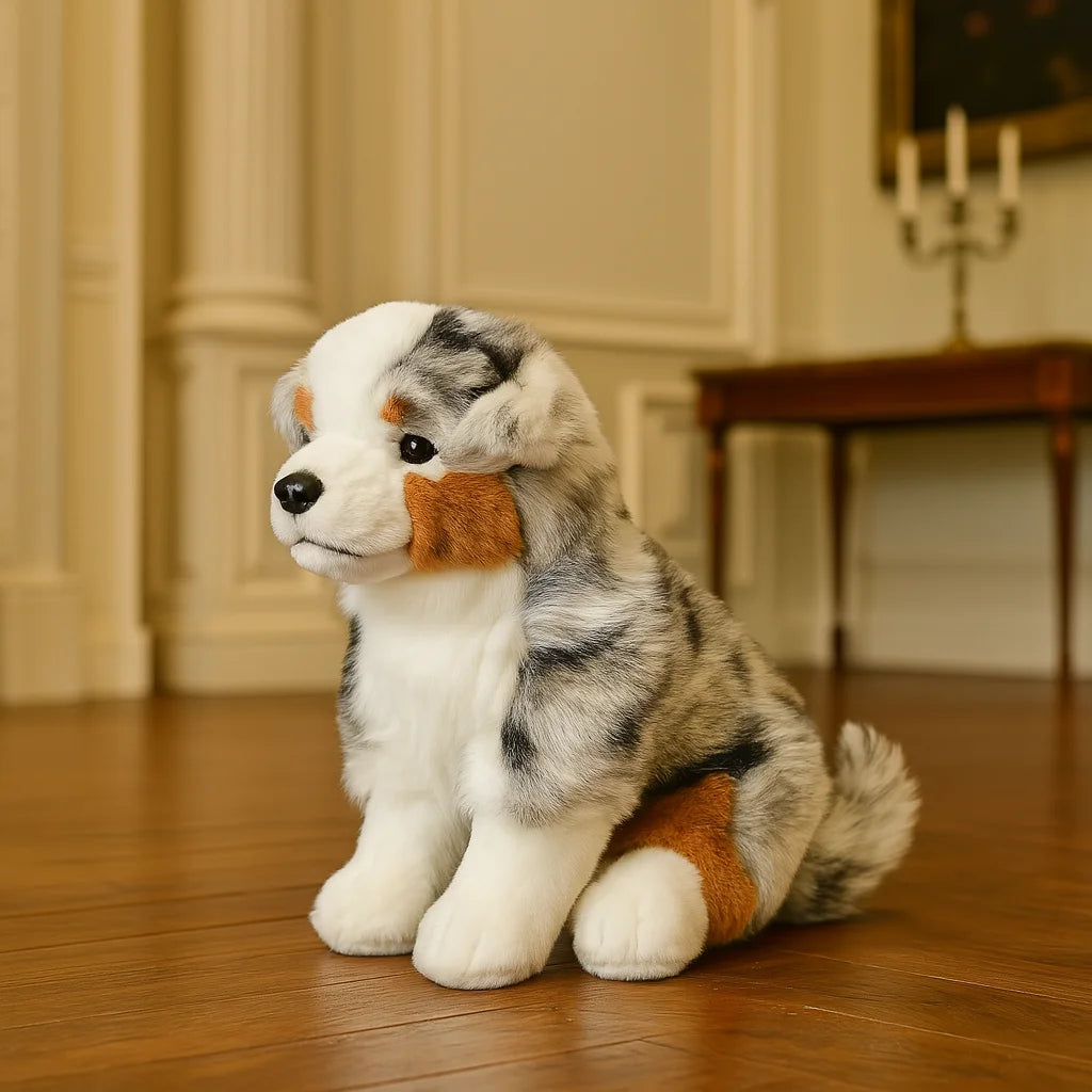 Blue Merle Australian Shepherd Plush Puppy | Soft Long-Pile Coat | Breed-Accurate Merle Markings | 30cm Sitting Companion