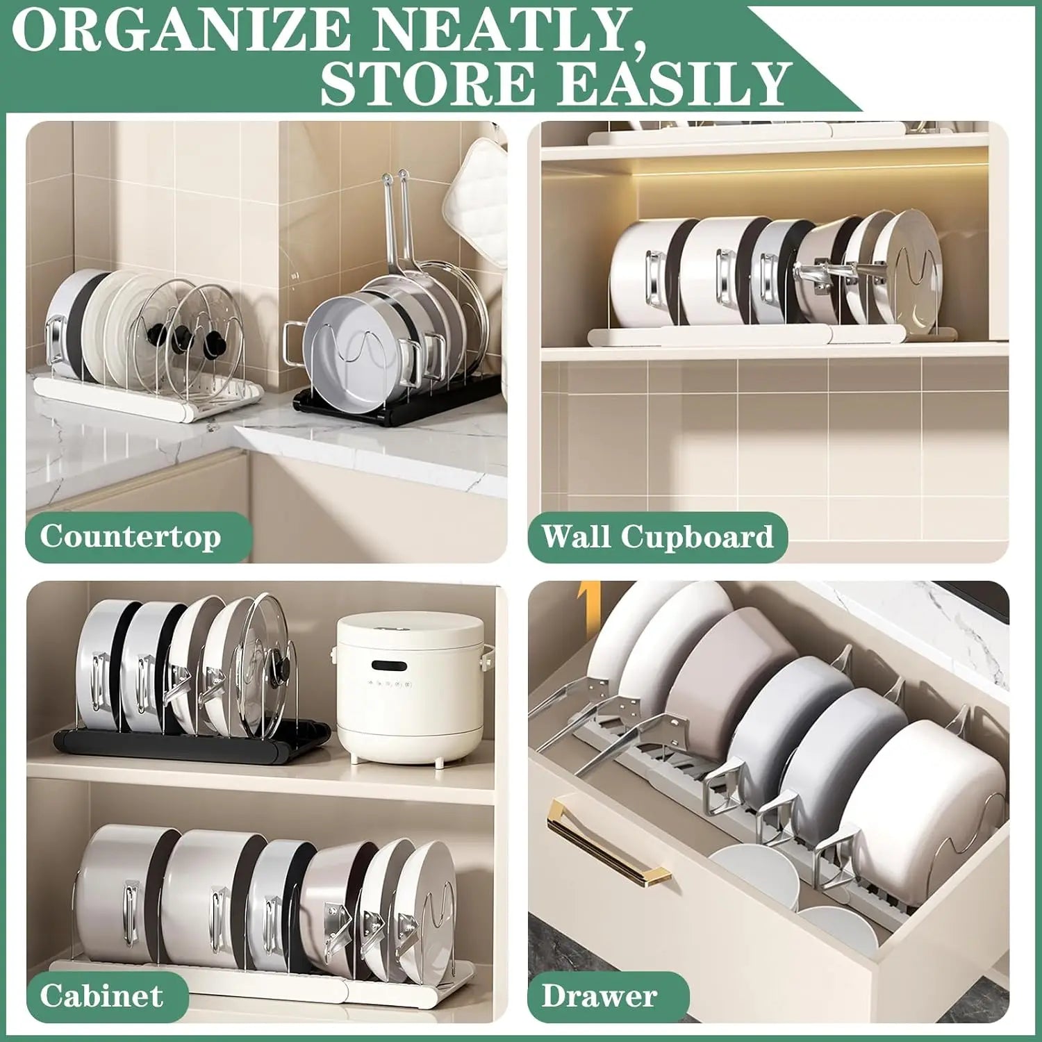 Expandable Pan and Lid Organiser Rack – Adjustable Kitchen Cabinet Storage