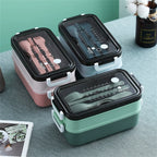 Double-Layer Lunch Box with Cutlery – 1400ml Leakproof Compartment Food Box, Pink, Green or Blue