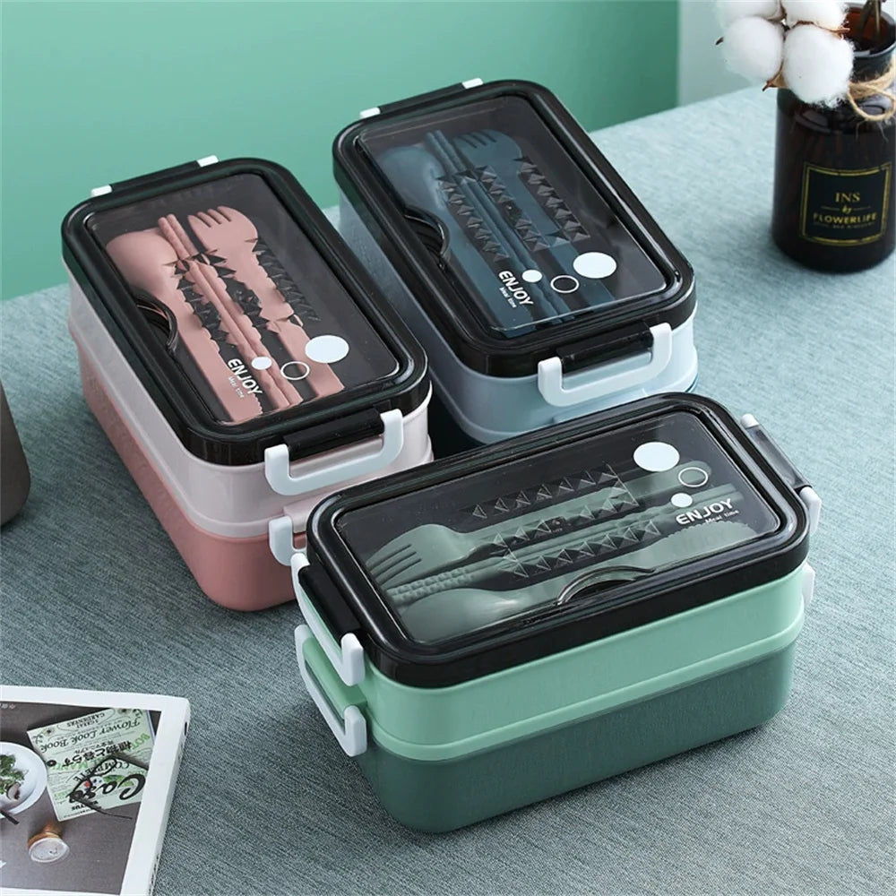 Double-Layer Lunch Box with Cutlery – 1400ml Leakproof Compartment Food Box, Pink, Green or Blue