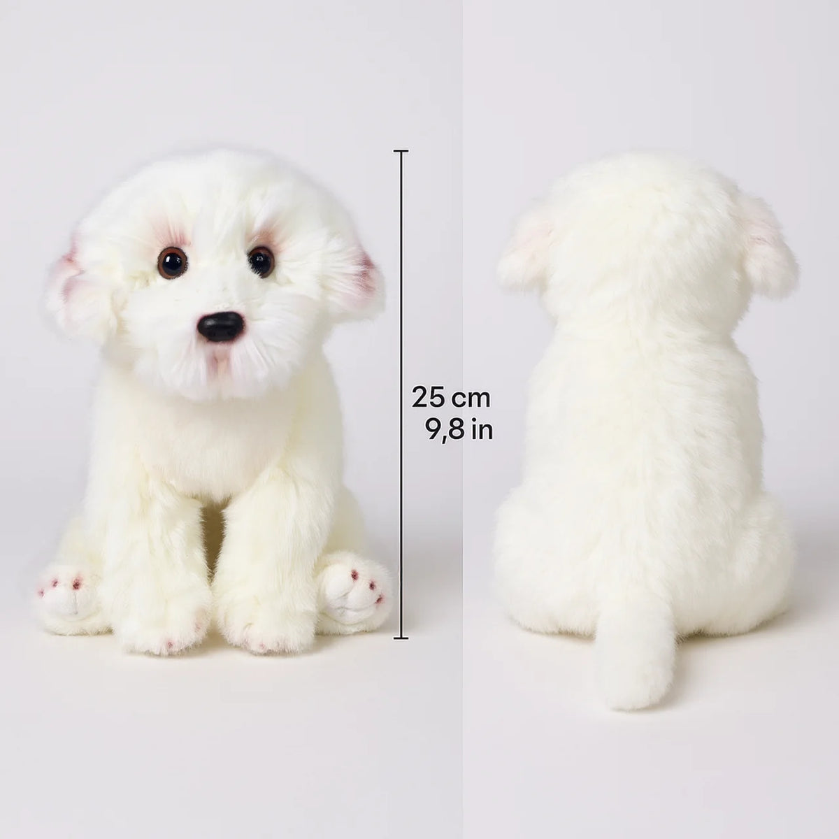 Lifelike Maltese Puppy Plush Stuffed Toy | Simulation Velvet Coat | Glass-Look Eyes | Pink Paw Detail