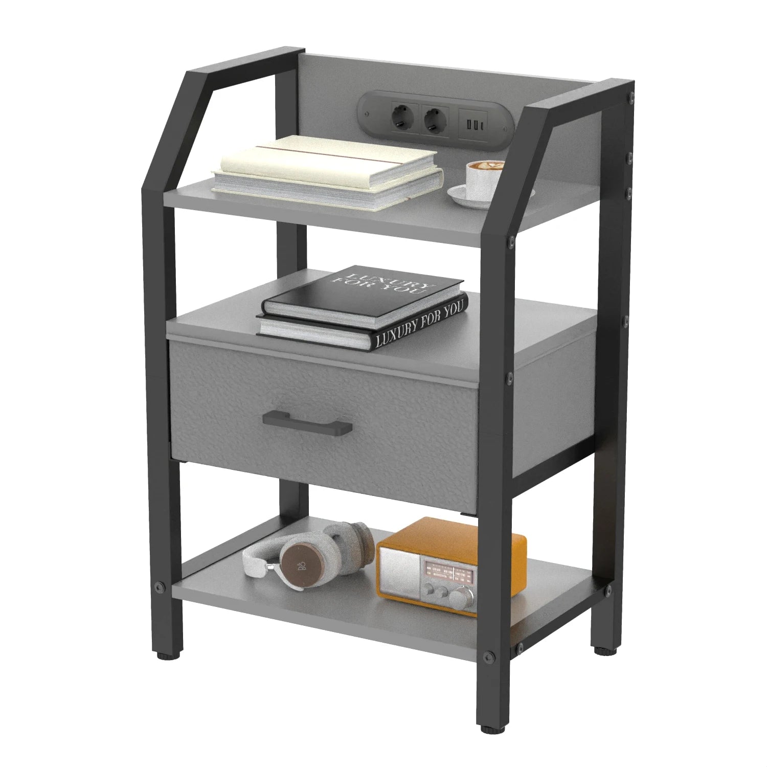 3-Tier Bedside Table with Charging Station, LED Light & Drawers – White, Black, Brown or Grey