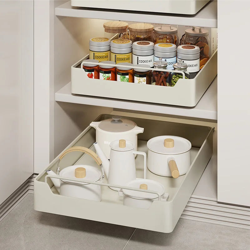 Pull-Out Cabinet Drawer Organizer with Slide Rails – No Drilling, 5 Sizes