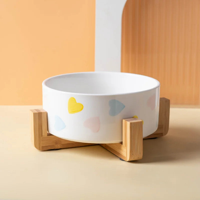Ceramic Dog & Cat Bowl with Wooden Mat | Wide Mouth | 18 Styles