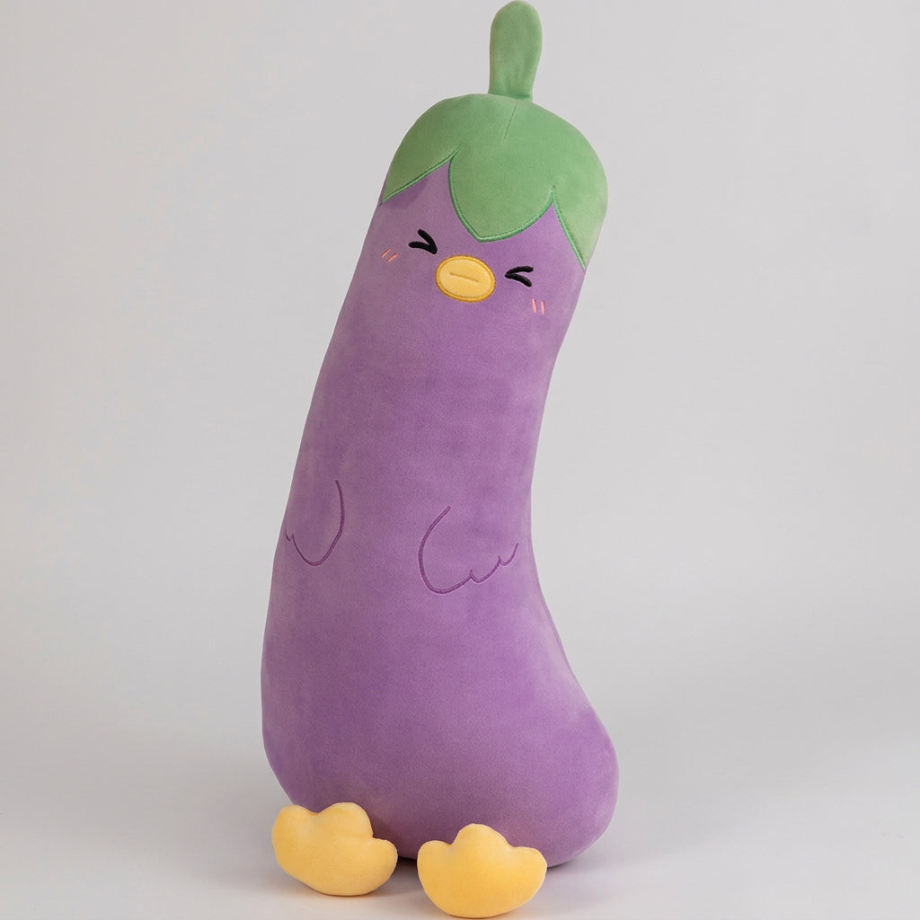 Plush toy shaped like an eggplant with a face on a white background